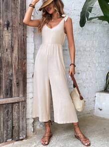 SHEIN LUNE Solid Tie Shoulder Wide Leg Jumpsuit - Apricot - View 1