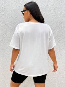SHEIN EZwear Áo thun Plus size Lá thư Lá cờ Giải trí - trắng - Xem 2