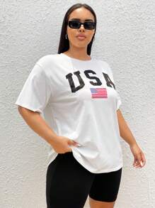 SHEIN EZwear Áo thun Plus size Lá thư Lá cờ Giải trí - trắng - Xem 3