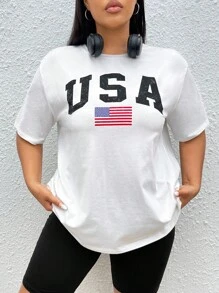 SHEIN EZwear Áo thun Plus size Lá thư Lá cờ Giải trí - trắng - Xem 4