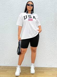 SHEIN EZwear Áo thun Plus size Lá thư Lá cờ Giải trí - trắng - Xem 5