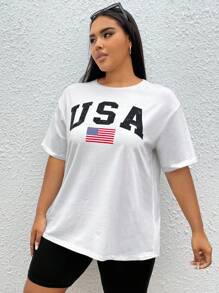 SHEIN EZwear Áo thun Plus size Lá thư Lá cờ Giải trí - trắng - Xem 6