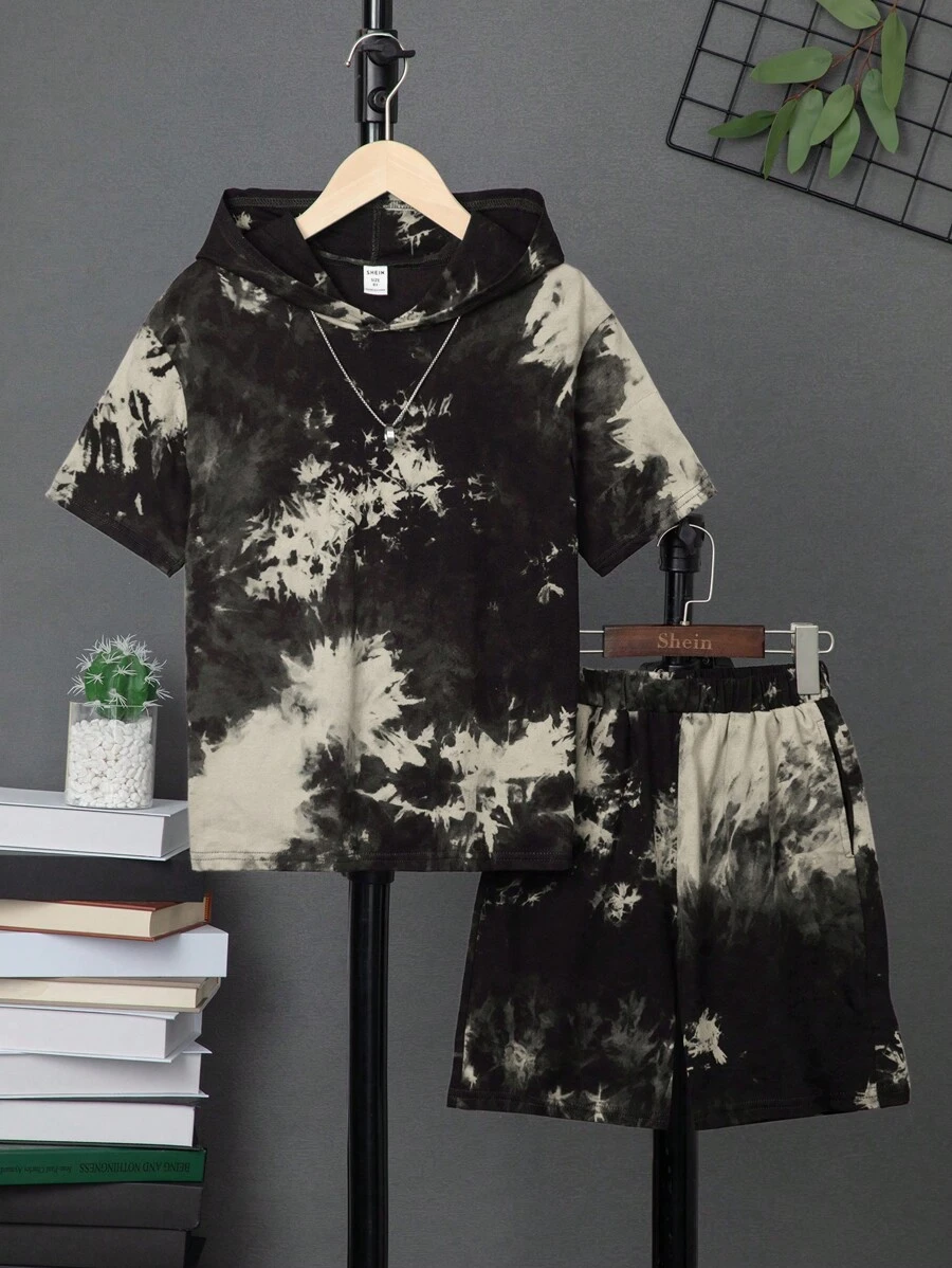 SHEIN 男孩紮染連帽T恤和短褲無項鏈 - 彩色 - 查看 1