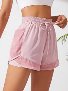 SHEIN Sports Shorts mit Tunnelzug Taille Kontrast Mesh Sport Shorts fließende Shorts mit Tunnelzug Damen Schweißshorts, Gym Shorts, Bikershorts - Pink - Übersicht 5
