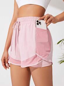 SHEIN Sports Shorts mit Tunnelzug Taille Kontrast Mesh Sport Shorts fließende Shorts mit Tunnelzug Damen Schweißshorts, Gym Shorts, Bikershorts - Pink - Übersicht 6