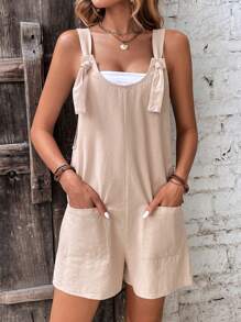 SHEIN LUNE 雙口袋前打結背帶連體短褲不附抹胸 - 杏色 - 查看 4