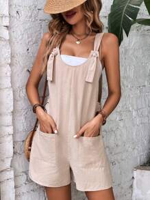 SHEIN LUNE 雙口袋前打結背帶連體短褲不附抹胸 - 杏色 - 查看 3