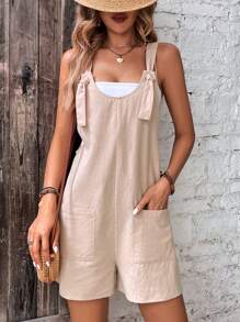 SHEIN LUNE 雙口袋前打結背帶連體短褲不附抹胸 - 杏色 - 查看 1