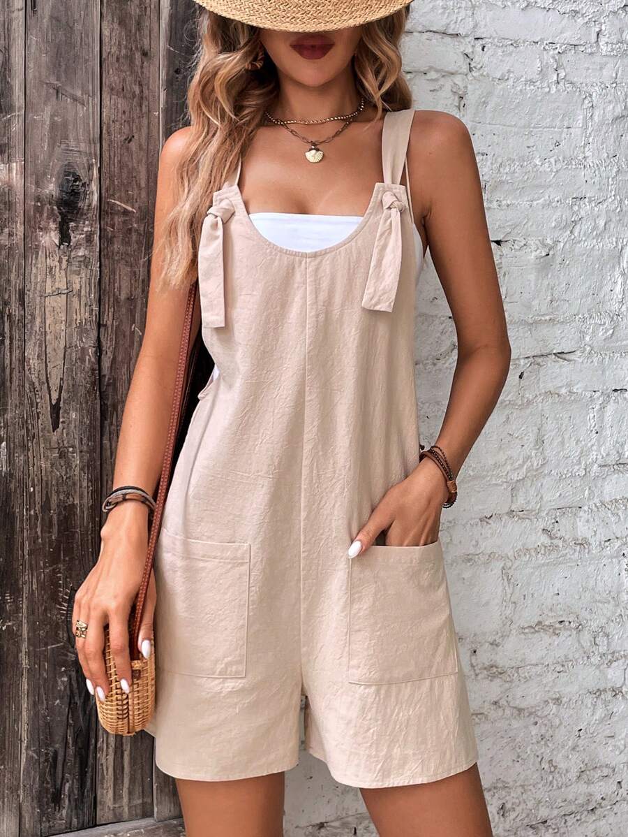 SHEIN LUNE 雙口袋前打結背帶連體短褲不附抹胸 - 杏色 - 查看 1