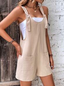 SHEIN LUNE 雙口袋前打結背帶連體短褲不附抹胸 - 杏色 - 查看 6