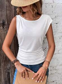 SHEIN LUNE Solid Ruched Side Batwing Sleeve Tee - White - View 1