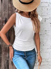 SHEIN LUNE Solid Ruched Side Batwing Sleeve Tee - White - View 3