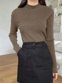 DAZY 女士纯色立领长袖休闲商务套头衫，秋季，长袖上衣，秋季女装 - 摩卡棕 - 查看 5