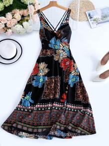 Breezaya Plus Floral Print Criss Cross Back Cami Dress - Multicolor - View 1