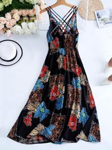 Breezaya Plus Floral Print Criss Cross Back Cami Dress - Multicolor - View 2