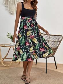 SHEIN 孕婦熱帶圖案繫腰帶連衣裙 - 彩色 - 查看 1