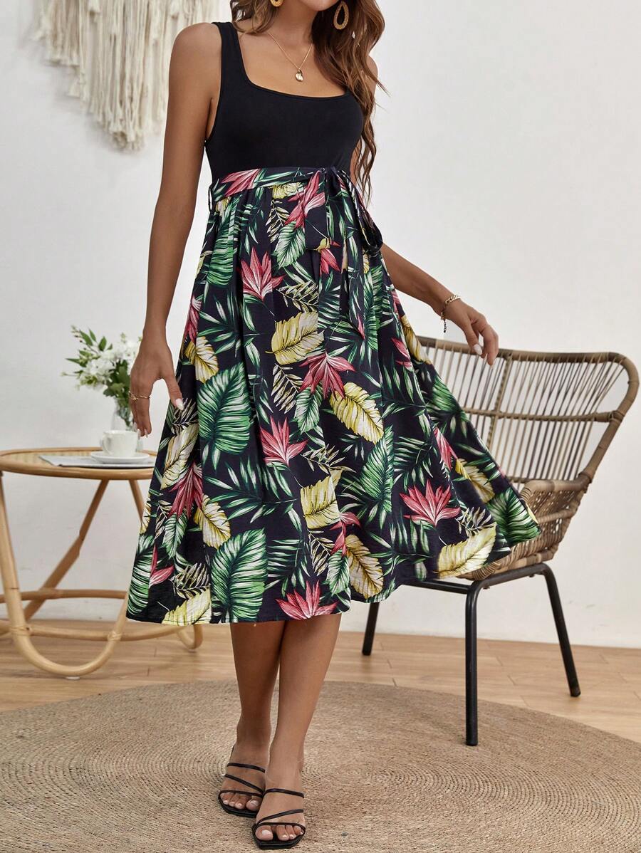 SHEIN 孕婦熱帶圖案繫腰帶連衣裙 - 彩色 - 查看 1