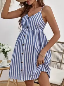 SHEIN Maternity Striped Print Button Front Cami Dress - Blue and White - View 1