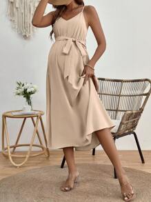 SHEIN Maternity Solid Belted Cami Dress - Apricot - View 1