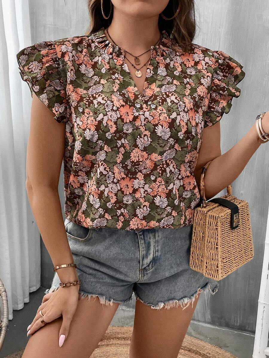 SHEIN VCAY Plus Floral Print Butterfly Sleeve Peplum Blouse - Multicolor - View 1