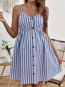 SHEIN Maternity Striped Print Button Front Cami Dress - Blue and White - View 4