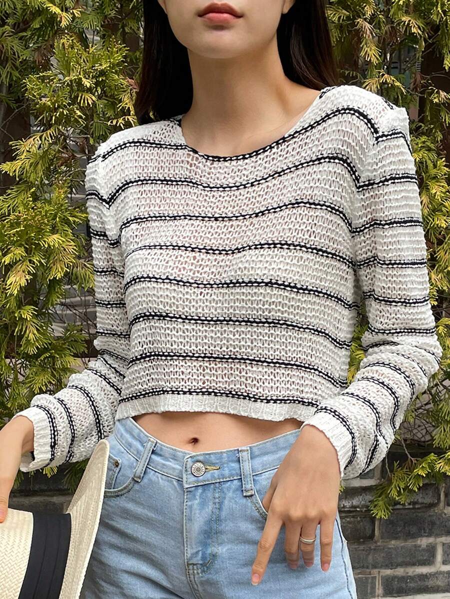 DAZY 条纹图案镂空针织短款毛衣秋季 - 彩色 - 查看 1
