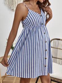 SHEIN Maternity Striped Print Button Front Cami Dress - Blue and White - View 5