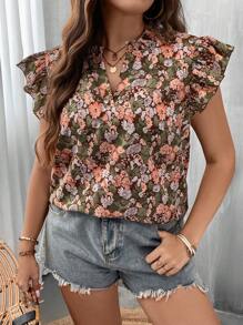 SHEIN VCAY Plus Floral Print Butterfly Sleeve Peplum Blouse - Multicolor - View 3