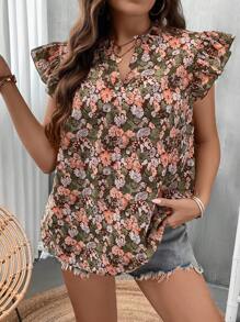 SHEIN VCAY Plus Floral Print Butterfly Sleeve Peplum Blouse - Multicolor - View 4