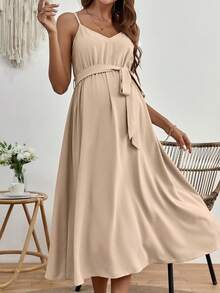 SHEIN Maternity Solid Belted Cami Dress - Apricot - View 3