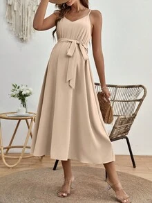 SHEIN Maternity Solid Belted Cami Dress - Apricot - View 4
