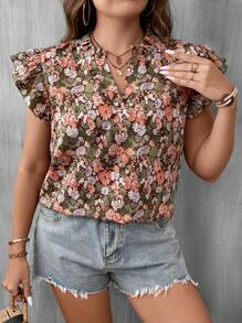 SHEIN VCAY Plus Floral Print Butterfly Sleeve Peplum Blouse - Multicolor - View 6