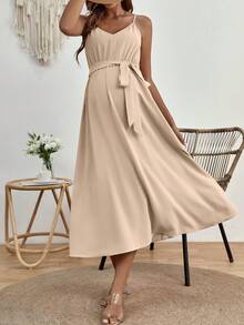 SHEIN Maternity Solid Belted Cami Dress - Apricot - View 5
