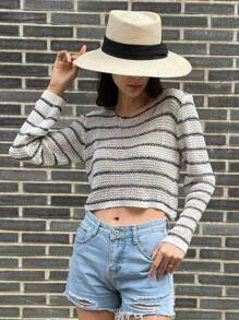 DAZY 条纹图案镂空针织短款毛衣秋季 - 彩色 - 查看 5