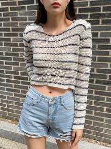 DAZY 条纹图案镂空针织短款毛衣秋季 - 彩色 - 查看 7
