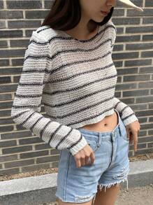 DAZY 条纹图案镂空针织短款毛衣秋季 - 彩色 - 查看 8