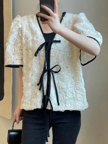 DAZY 3D撞色滾邊泡泡袖前打結襯衫 - 杏色 - 查看 5