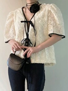 DAZY 3D撞色滾邊泡泡袖前打結襯衫 - 杏色 - 查看 6