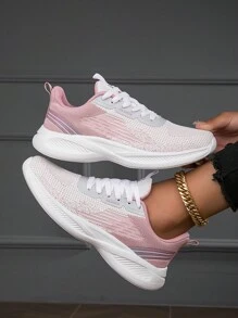 Women's Casual Lace-Up Running Shoes, Non-Slip, Breathable, Comfortable, Shock-Absorbing, Suitable For Driving, Walking And Sports, Color-Blocked, All Seasons