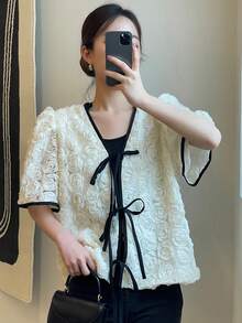 DAZY 3D撞色滾邊泡泡袖前打結襯衫 - 杏色 - 查看 7