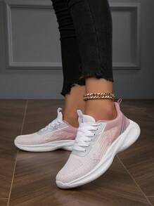 Women's Casual Lace-Up Running Shoes, Non-Slip, Breathable, Comfortable, Shock-Absorbing, Suitable For Driving, Walking And Sports, Color-Blocked, All Seasons