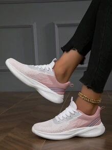 Women's Casual Lace-Up Running Shoes, Non-Slip, Breathable, Comfortable, Shock-Absorbing, Suitable For Driving, Walking And Sports, Color-Blocked, All Seasons