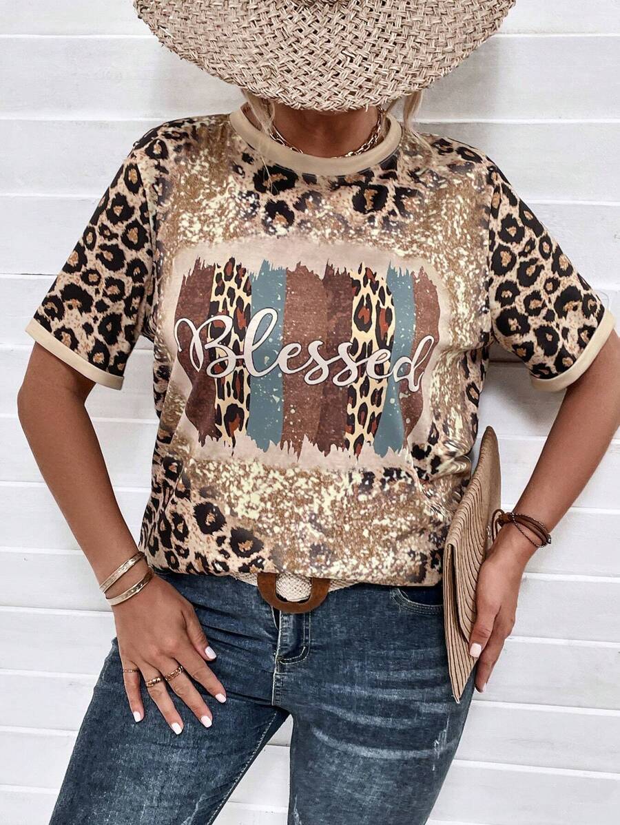 SHEIN LUNE Plus Leopard & Letter Graphic Tee - Multicolor - View 1