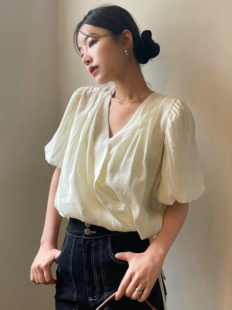 DAZY 素色泡泡袖圍裹細節襯衫 - 黃色 - 查看 1