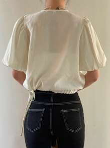 DAZY 素色泡泡袖圍裹細節襯衫 - 黃色 - 查看 2