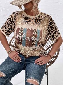 SHEIN LUNE Plus Leopard & Letter Graphic Tee - Multicolor - View 4