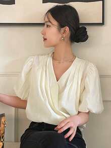 DAZY 素色泡泡袖圍裹細節襯衫 - 黃色 - 查看 5