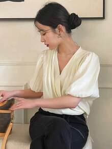 DAZY 素色泡泡袖圍裹細節襯衫 - 黃色 - 查看 6