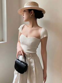 DAZY Solid Sweetheart Neck Knit Top - White - View 1