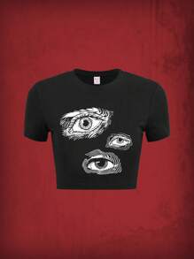 ROMWE Grunge Punk 眼睛圖案短款T恤 - 黑色 - 查看 1